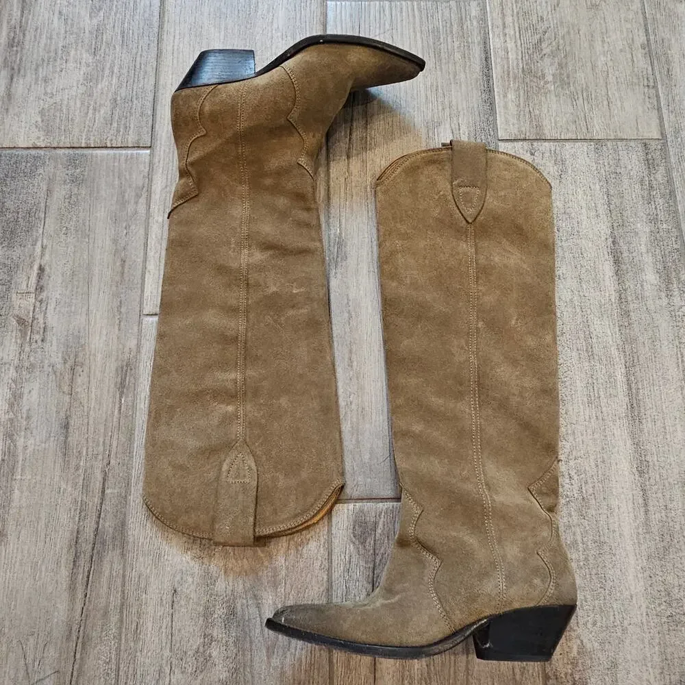 Isabel Marant Denvee Suede Knee High Boots Women EU 38 US 8 Taupe Western‎ - Picture 4 of 16